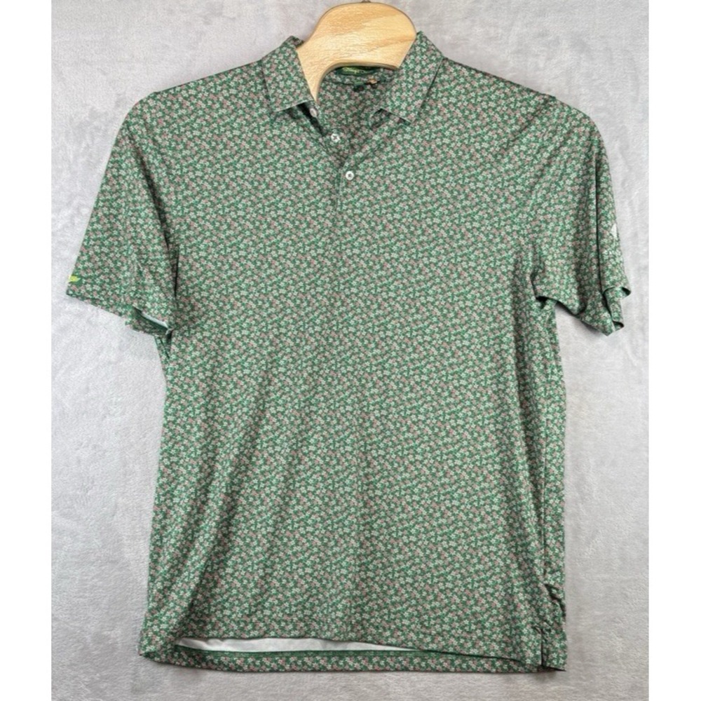 Straight Down Short Sleeve Polo Shirt Green Floral Cat Island Club AOP Men's L